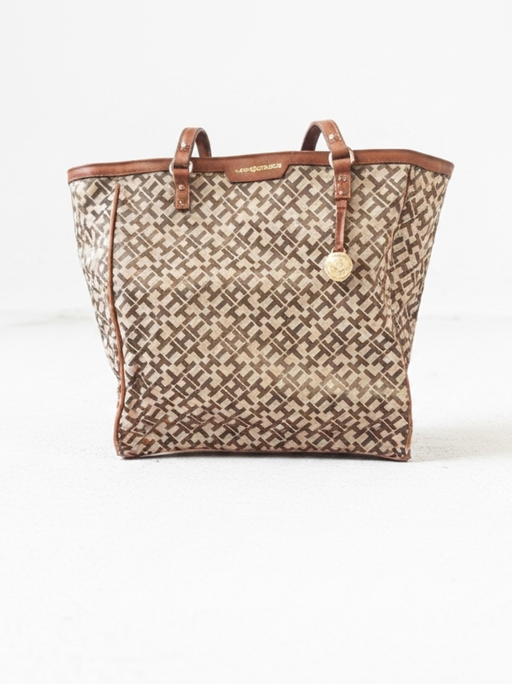 Tommy Hilfiger Brown and Cream Patterned Tote with Leather Trim - Picture 2 of 4